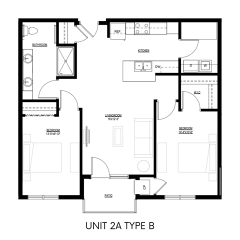 Floor plan for 2 beds, 1 bath, 993 sqft